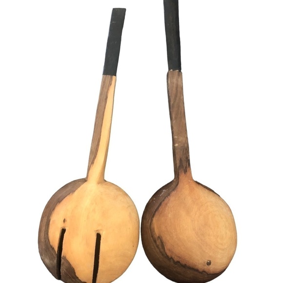 VTG Primitive Set 2 Tone Wood Salad Server Fork Scoop Spoon 13.5” Decorative - Picture 6 of 6